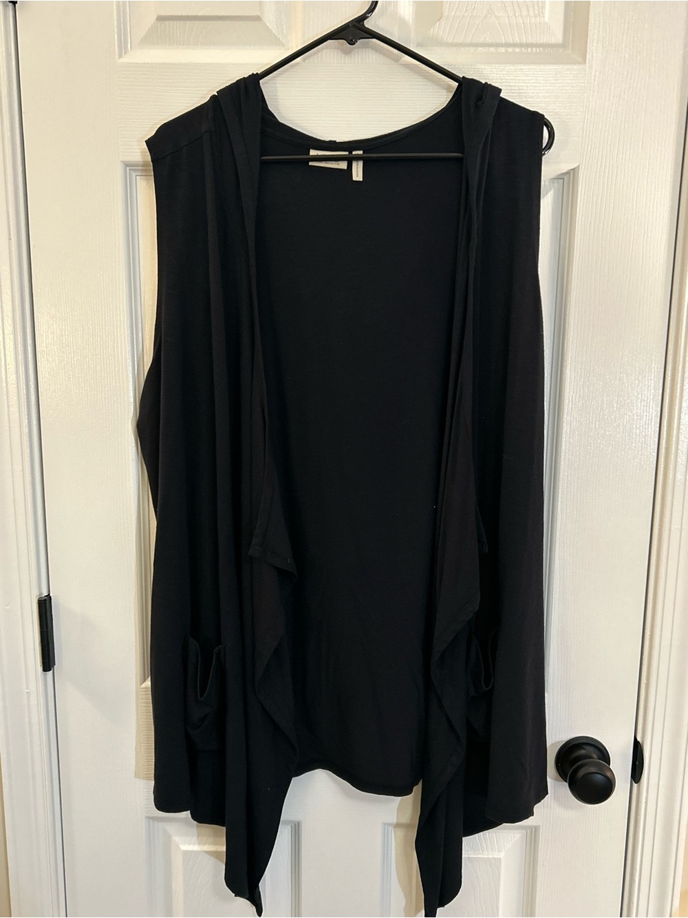 LOGO Lori Goldstein Black Hooded Open Front Drape Vest Tunic XL Pockets